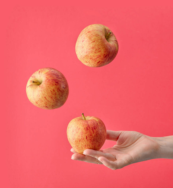 pomme fraîche à la main humaine et quelques pommes lévitantes isolées sur fond rose - Photo, image