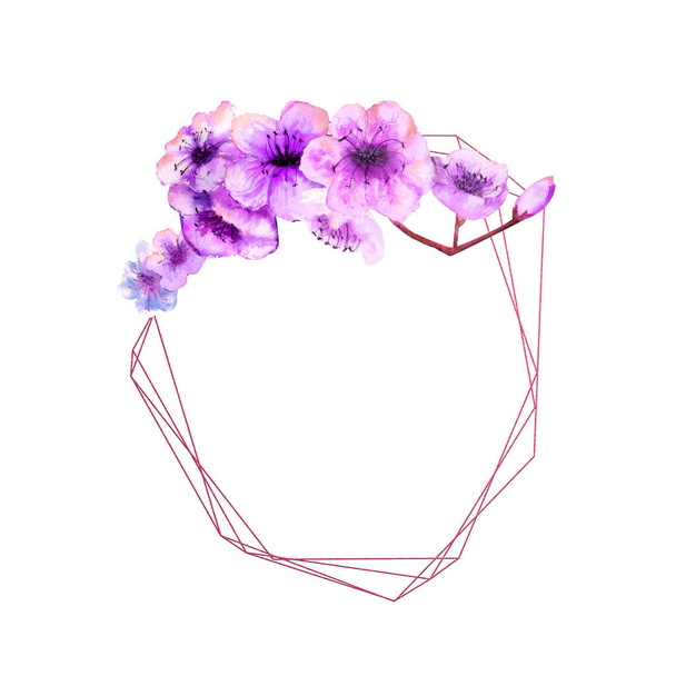 Cherry blossom, cherry blossom Branch with bright lilac flowers on a geometric frame on an isolated white background. Image of spring. Watercolor illustration. - Foto, Bild