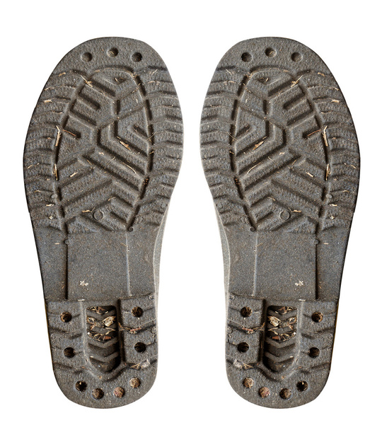 Sujo usado botas solas isoladas no fundo branco
 - Foto, Imagem