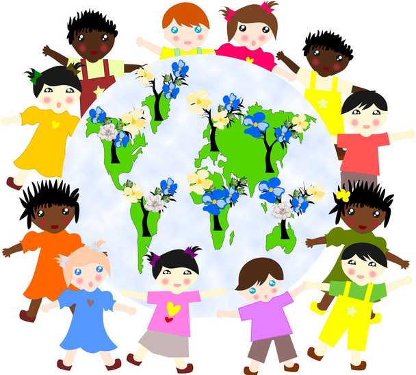 Crianças de diferentes raças ao redor do mapa do nosso planeta verde w
 - Foto, Imagem