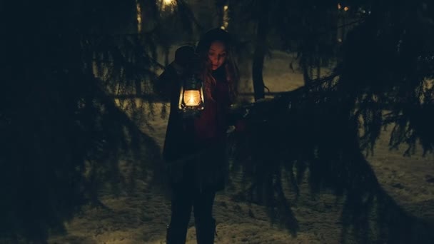 Młoda dziewczyna z latarnią w zimowym lesie, spacery i rozglądanie się, zmierzch, bajki - Materiał filmowy, wideo