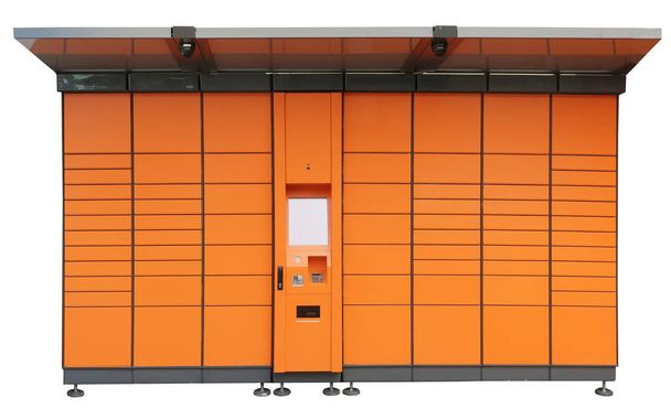 Self service orange  modern standard city parcel terminal. Isolated on white - Photo, Image