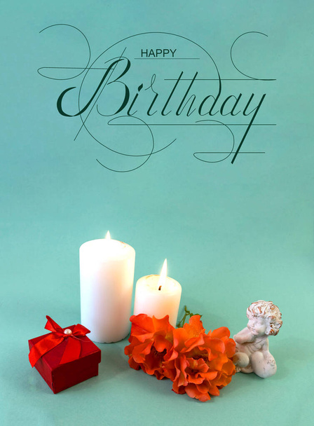 postcard , Internet banner , flat lay with a birthday greeting, with the inscription - happy birthday - Φωτογραφία, εικόνα