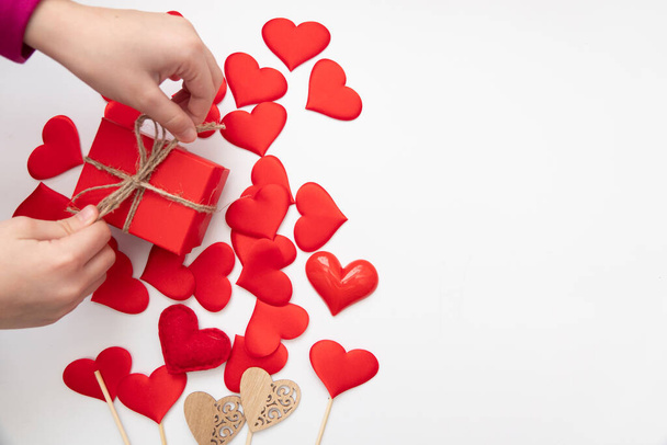 Valentines day red heart and box. Holidays valentine card with copy space. - 写真・画像