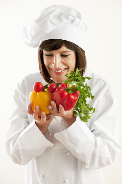 Cheerful Female Chef With Vegetables - Fotó, kép