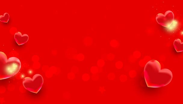 Realisztikus repülő levegő szív alakú elemek piros háttér. Anyák napja, Valentin-nap, születésnap. Horizontális minimális poszter, üdvözlőlap, fejléc honlaphoz - Vektor, kép