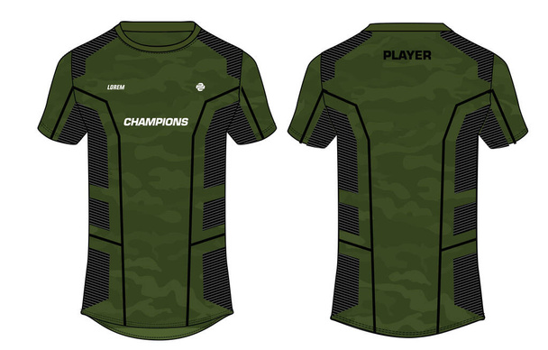 Camouflage Sport póló póló design koncepció vektor sablon, sport mez koncepció elölnézeti és hátulnézeti foci, krikett, foci, röplabda, rögbi, tenisz, tollaslabda és e-sport egyenruha - Vektor, kép