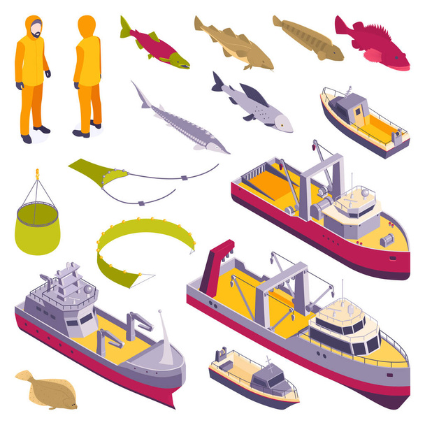 商業漁業アイソメトリックセット - ベクター画像
