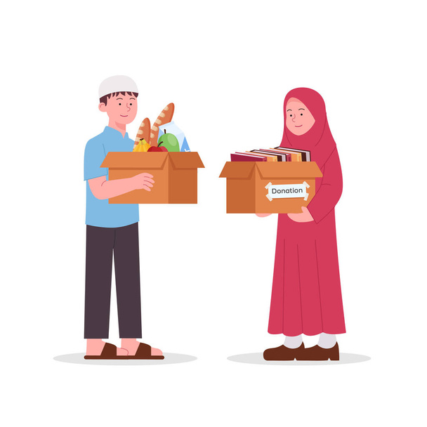 Enfants arabes, garçon et fille tiennent une boîte de don pour l'aumône Illustration - Vecteur, image