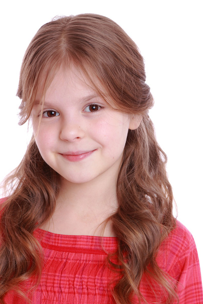 Little girl with healthy hair on white background - Fotoğraf, Görsel
