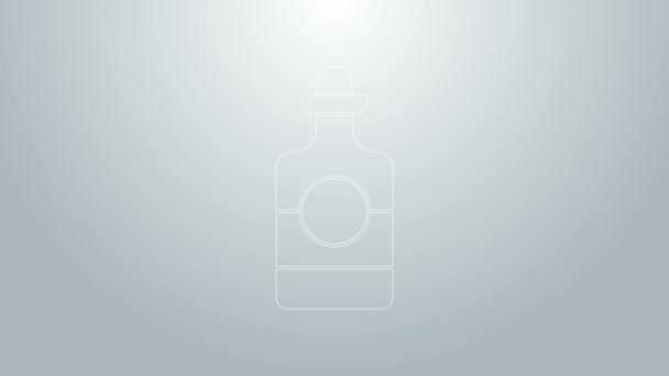 Ligne bleue icône bouteille de tequila isolé sur fond gris. Boisson mexicaine. Animation graphique de mouvement vidéo 4K - Séquence, vidéo
