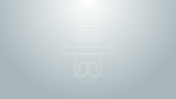 Siniviivainen meksikolainen, jolla on sombrero-ikoni harmaalla pohjalla. Viiksekäs latinomies. 4K Video motion graafinen animaatio - Materiaali, video