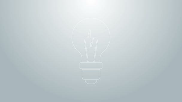 Sininen viiva Lamppu käsite idean kuvaketta eristetty harmaalla taustalla. Energia ja idea symboli. Inspiraation käsite. 4K Video motion graafinen animaatio - Materiaali, video