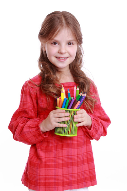 Little girl with colored pencils - Fotoğraf, Görsel
