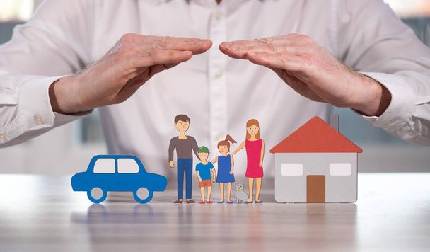 Family, house and car protected by hands - Concept of life, home and auto insurance - Photo, Image