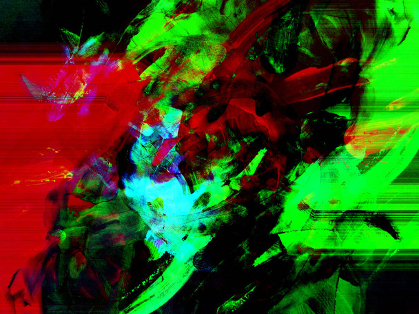 Abstrakter Hintergrund aus rot, orange, gelb, grün, blau, violett, mit einem spektakulären Rhythmus aus dunklen und rohen Einsätzen. Surreales Bild in modernem Stil. Für Ihre Tapeten, Kunstprojekte und Werke. - Foto, Bild