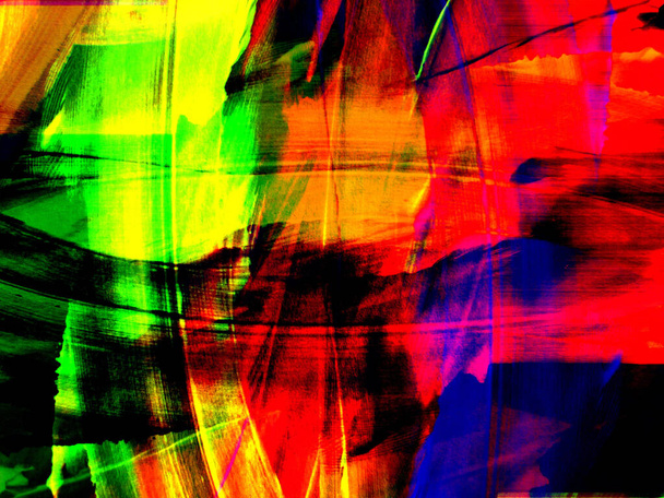 Fond abstrait de rouge, orange, jaune, vert, bleu, violet, avec un rythme spectaculaire d'inserts sombres et crus. Image surréaliste dans un style moderne. Pour vos fonds d'écran, projets artistiques et œuvres. - Photo, image