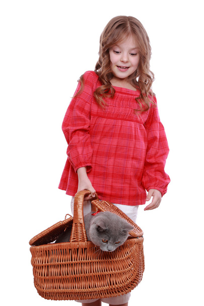Girl holding cat in basket - Фото, изображение