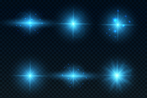 Leuchtende blaue Sterne auf transparentem Hintergrund. Weihnachten und Neujahr Lichteffekt mit magischen Teilchen. Auswirkungen für das neue Jahr. Vektorillustration - Foto, Bild
