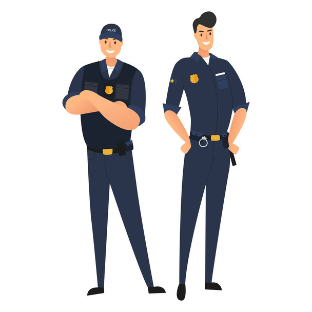 Politieagenten, twee mannen, agenten. Bescherming van de burgers. Twee politieagenten in uniform geïsoleerd op witte achtergrond. Vectorillustratie - Foto, afbeelding