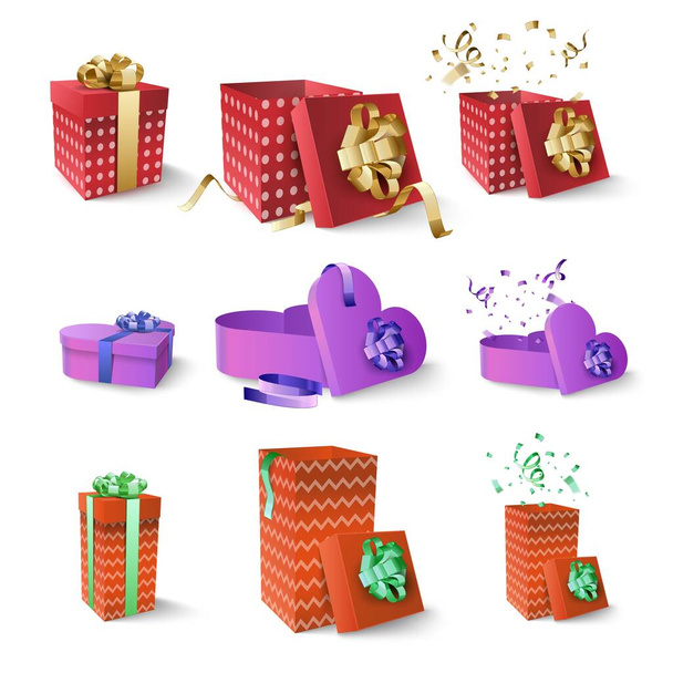 Conjunto de cajas de regalo aisladas sobre fondo blanco. Cajas rojas, moradas y naranjas con arcos de colores y dulces. Feliz Navidad y Feliz Año Nuevo 2021. Ilustración vectorial - Foto, imagen