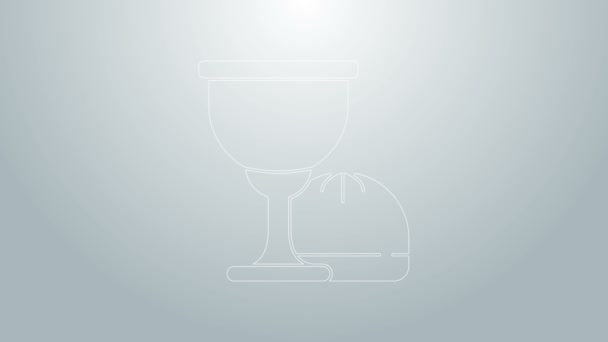 Blue line Holy grail or chalice icon isolated on grey background. Christian chalice. Christianity icon. 4K Video motion graphic animation - Footage, Video