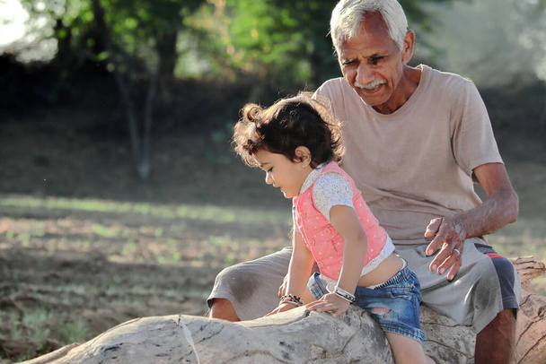 Nonno anziano indiano e giovane nipote che giocano insieme sul legno di un albero secco, India - Foto, immagini