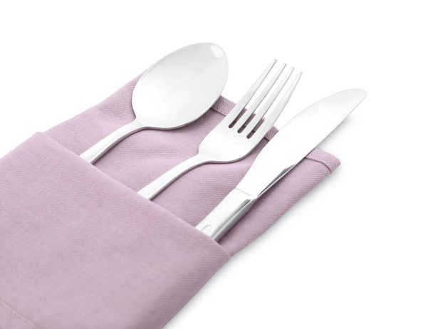 Clean cutlery with napkin isolated on white - Valokuva, kuva