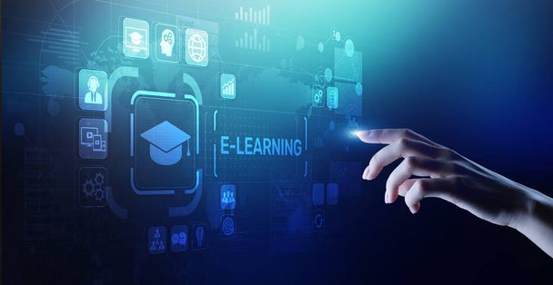 E-learning, Éducation en ligne, études sur Internet. Concept d'affaires, de technologie et de développement personnel sur écran virtuel - Photo, image