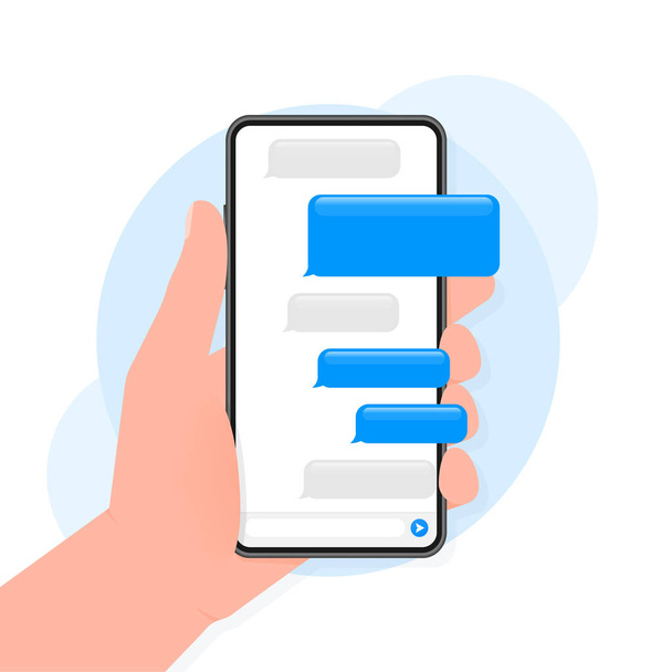 Hand holds phone with chat message on blue background. Vector illustration. - Vector, Image