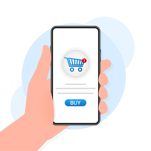 Hand with smartphone and buy sign on screen. Concept online shopping. - Vector, Image