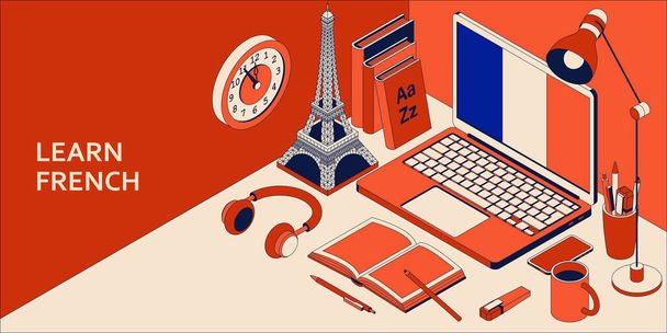 Aprende el concepto isométrico francés con un portátil abierto, libros, auriculares y café - Vector, imagen