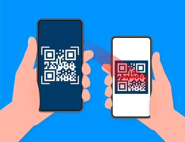 Hand holds phone with scan qr code to pay on screen. Phone on blue background. Vector illustration. - Vector, Image