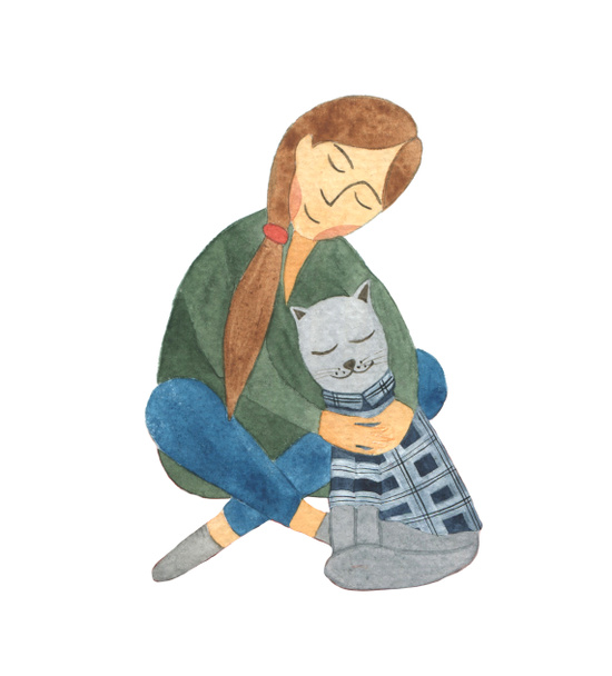 Aquarel illustratie met meisje knuffelt de grijze kat in een geruit shirt. Handgetekend gezellig huis, huisdier minnaar, blijven warm, vriendschap illustratie voor ansichtkaart. - Foto, afbeelding