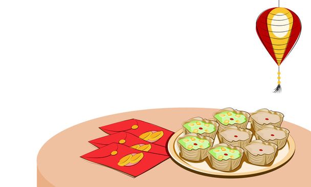 набор Nian Gao китайского новогоднего торта, красный конверт и красный фонарь на белом фоне. Векторная иллюстрация.  - Вектор,изображение