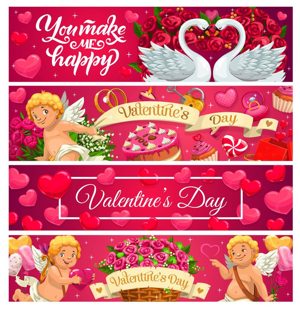 Valentines Day banners of love holiday gifts, hearts and Cupids. Vector rose flower bouquets, engagement and wedding rings, chocolate cakes, candies and balloons, swan birds and candles greeting cards - Vector, Image
