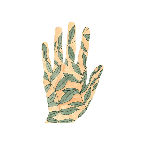 Acuarela mano humana con hojas verdes. Ilustración creativa pintada a mano para el diseño ecológico, pegatina, póster aislado en blanco. - Foto, Imagen