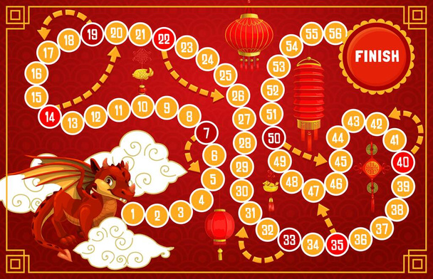 Детская настольная игра с китайскими новогодними символами. Дети играют, дети катаются и двигаются. Бумажные фонари, китайский символ зодиака и амулеты с вектором кисточек - Вектор,изображение