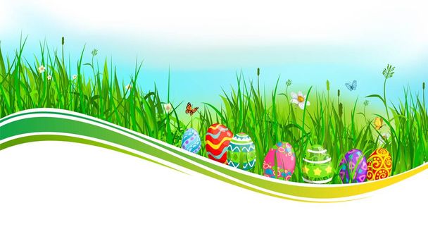 Пасхальні яйця на зеленій хвилі трави та квітів, релігійні свята векторний банер. Пасхальне яйце полюють на весняне поле з травинками, квітучими травами та літаючими метеликами, нарцисами та ромашками
 - Вектор, зображення