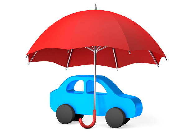 Blaues Auto unter rotem Regenschirm. Kfz-Schutz oder Versicherung. Isoliert auf weiß. 3D-Darstellung. - Foto, Bild