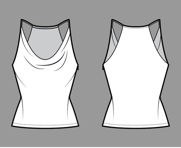 Tank low cowl Camisole technical fashion illustration with thin adjustable straps, slim fit, tunic length. Flat apparel  - Vetor, Imagem