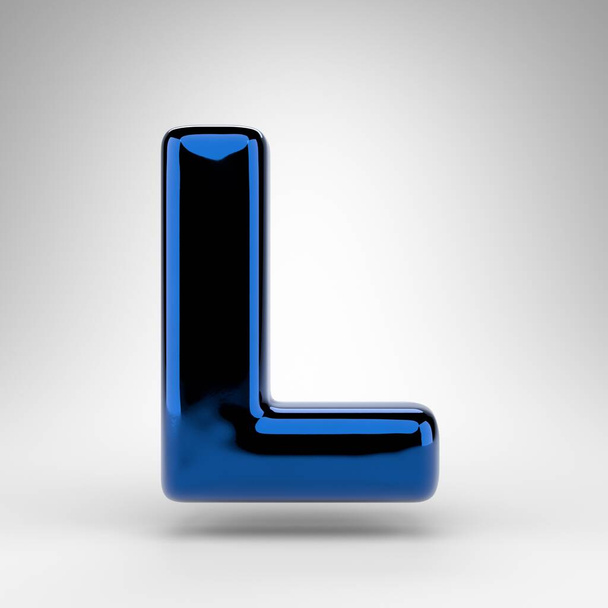 L betű nagybetűs, fehér háttérrel. Kék króm 3D renderelt betűtípus fényes felülettel. - Fotó, kép