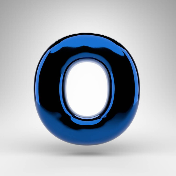 Levél O nagybetűs, fehér háttérrel. Kék króm 3D renderelt betűtípus fényes felülettel. - Fotó, kép