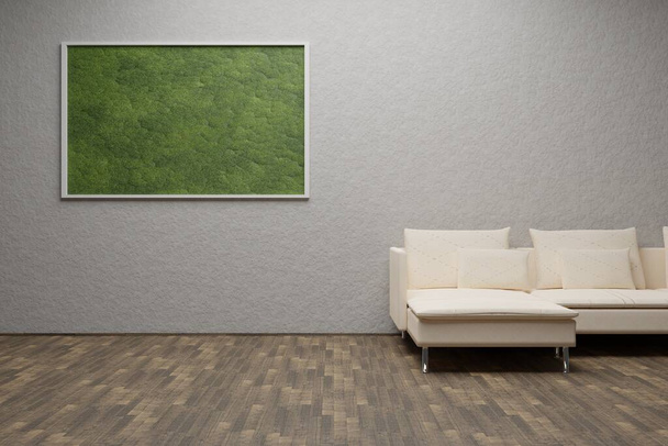 Interior moderno de estilo ecológico con póster vertical, musgo retroiluminado y suelo de madera. Vista frontal. renderizado 3d - Foto, Imagen