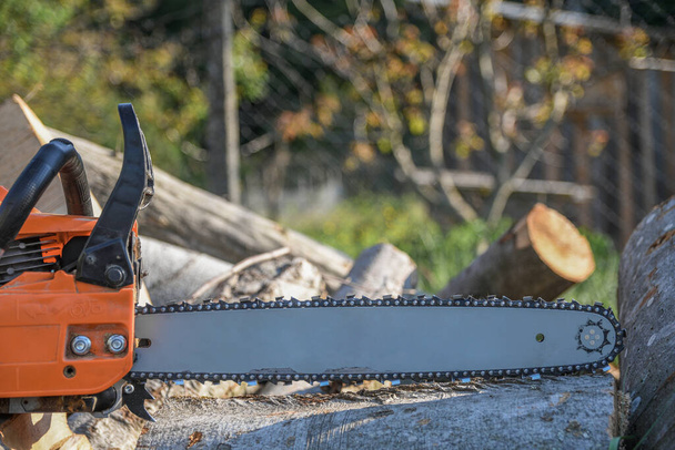 Chainsaw that stands on a heap of firewood in the yard on a background of firewood and trees cut by a chainsaw. - Foto, immagini