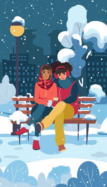 Kaksi tyttöä halaa puistossa istuessaan penkillä talvella. LGBT-pariskunta. Transsukupuoliset romanttiset kumppanit. Vektoriesimerkki. - Vektori, kuva