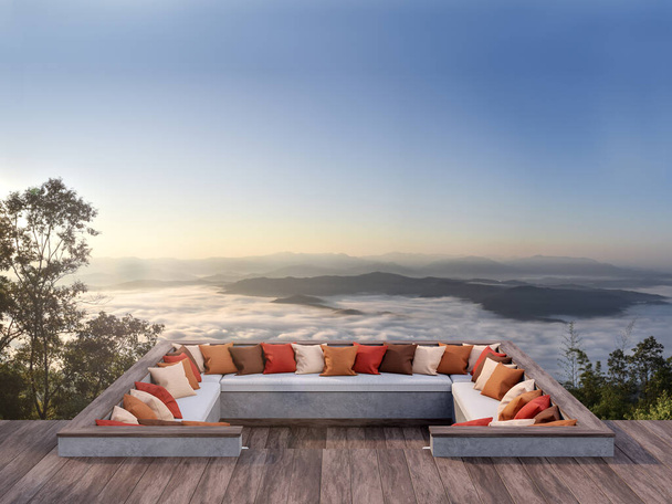Pit of large seat set with sea of fog 3d render.There has wooden floor.Polished concrete seat decor white orange red and brown pillow.Looking out to mountains view in the morning. - Photo, image