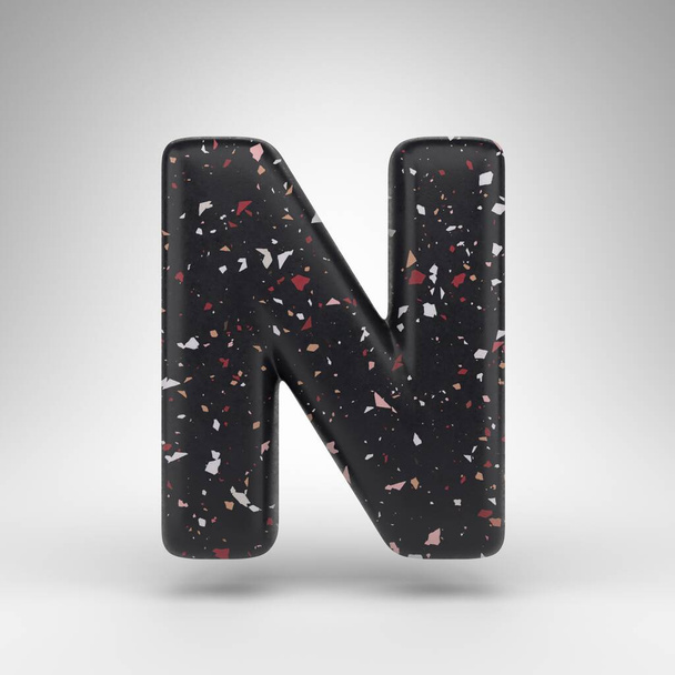 Letter N uppercase on white background. 3D rendered font with black terrazzo pattern texture. - Photo, Image