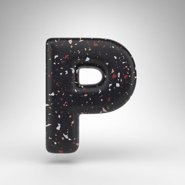 P betű nagybetűs, fehér háttérrel. 3D renderelt betűtípus fekete terrazzo motívum textúrával. - Fotó, kép