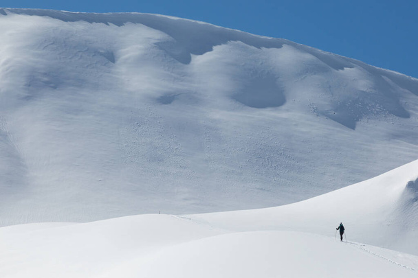 lonesome women with snowshoes walking through snowy landscape with blue sky - Foto, imagen